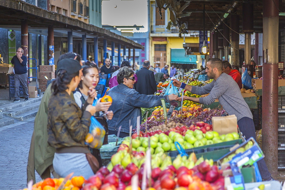 View of people shopping at Central Market fruit stall, Monastiraki District, Athens, Greece, Europe