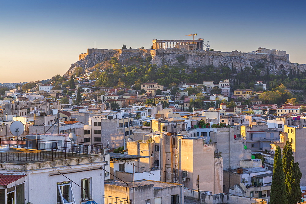 Elavated view of The Acropolis at dawn from the Monastiraki District, Athens, Greece, Europe