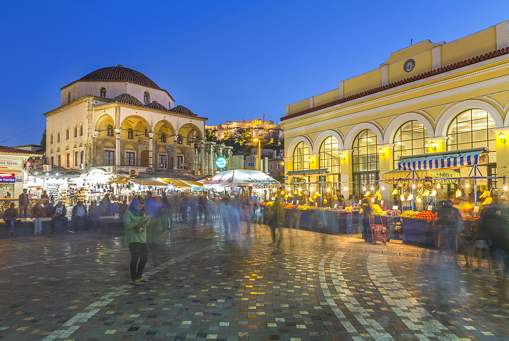 View of Museum of Ceramics and market stalls in Monastiraki Square at dusk, Monastiraki District, Athens, Greece, Europe