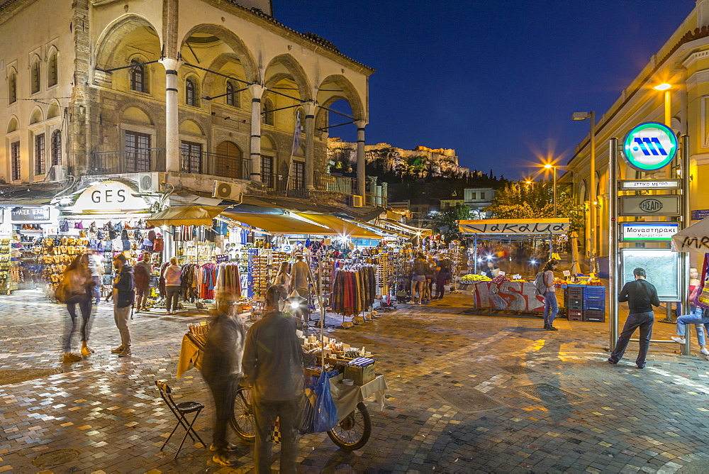 View of Museum of Ceramics and market stalls in Monastiraki Square at dusk, Monastiraki District, Athens, Greece, Europe