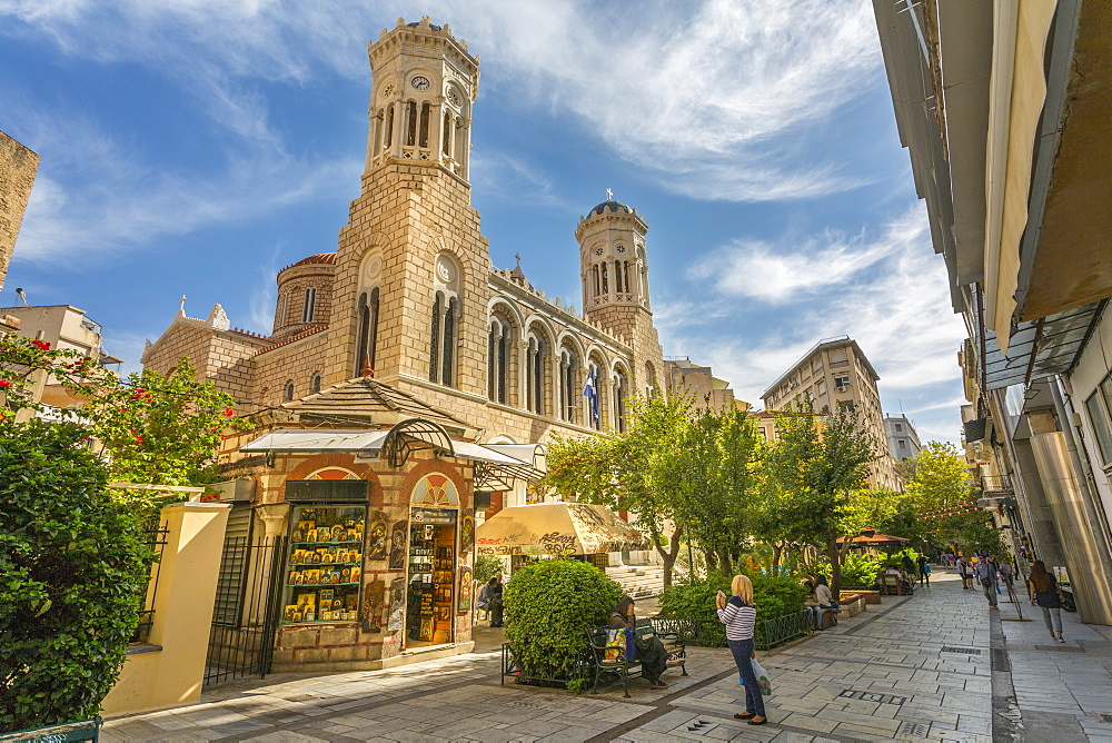 View of St. Irene Orthodox Church and souvenir shop, Monastiraki District, Athens, Greece, Europe