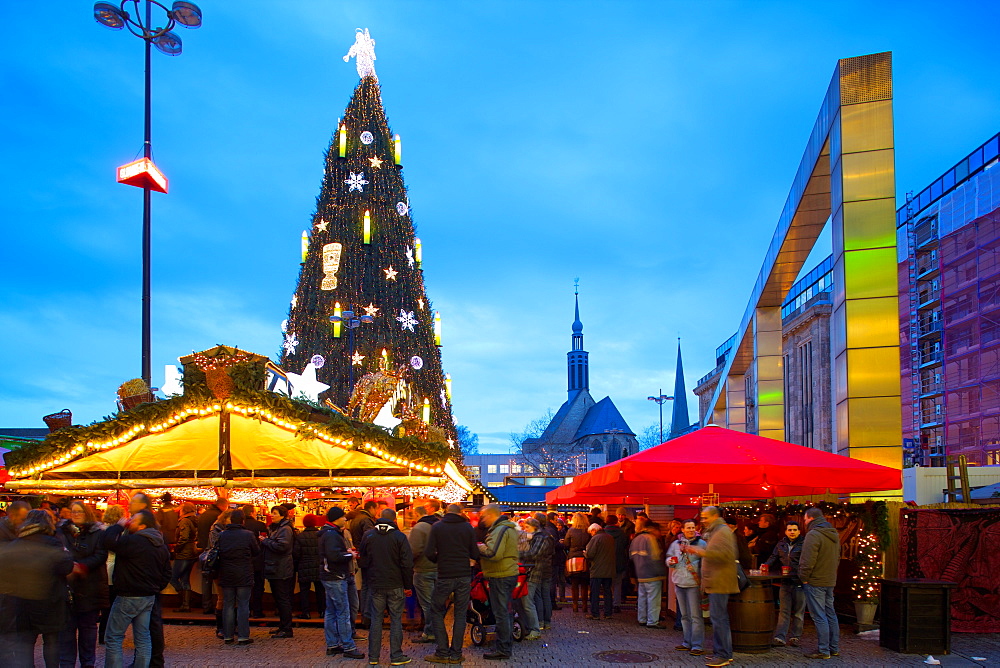 Christmas Market and the Biggest Christmas Tree in the World, Hansaplatz, Dortmund, North Rhine-Westphalia, Germany, Europe