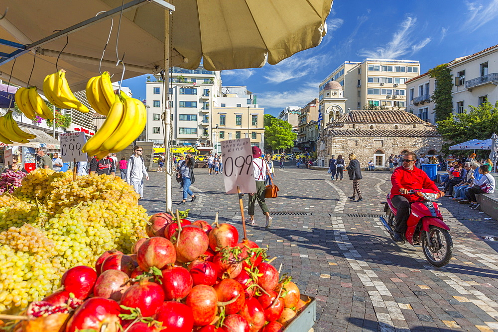 View of fruit stall and Greek Orthodox Church in Monastiraki Square, Monastiraki District, Athens, Greece, Europe