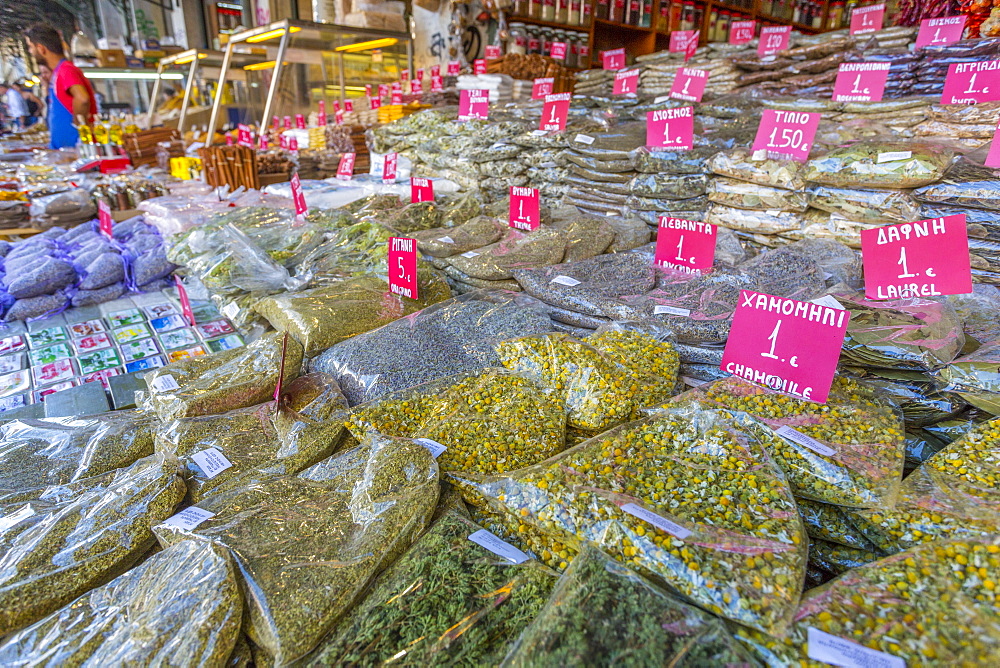 Herbs and spices on produce stall in Central Market, Monastiraki District, Athens, Greece, Europe