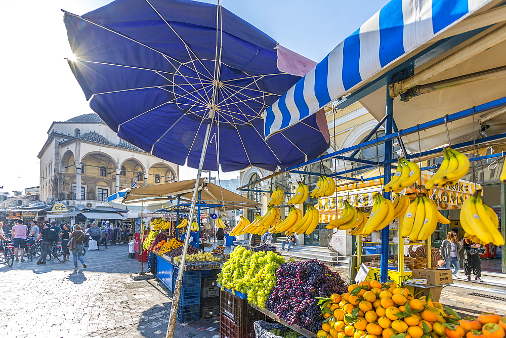 View of Museum of Ceramics and market stalls in Monastiraki Square, Monastiraki District, Athens, Greece, Europe