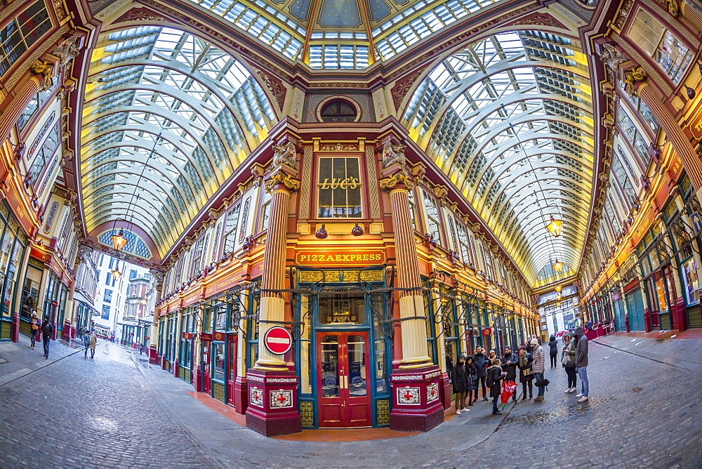 Fisheye view of interior of Leadenhall Market, The City, London, England, United Kingdom, Europe