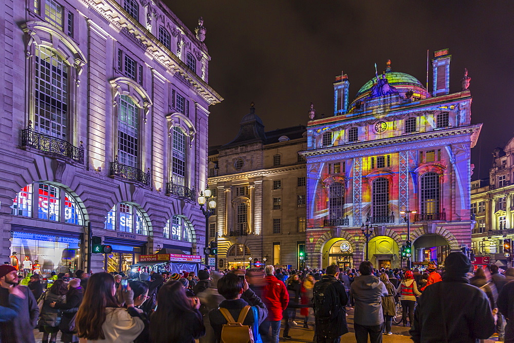 Illuminated building on Piccadilly Circus during London Lumiere, London, England, United Kingdom, Europe