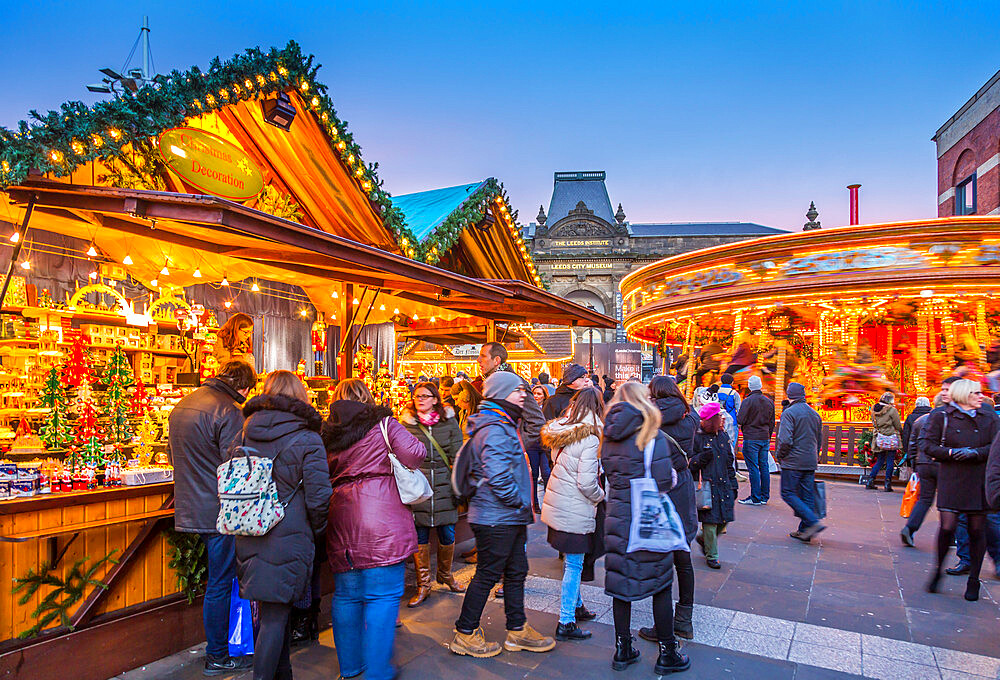 Christmas Market stalls at Christmas Market, Millennium Square, Leeds, Yorkshire, England, United Kingdom, Europe