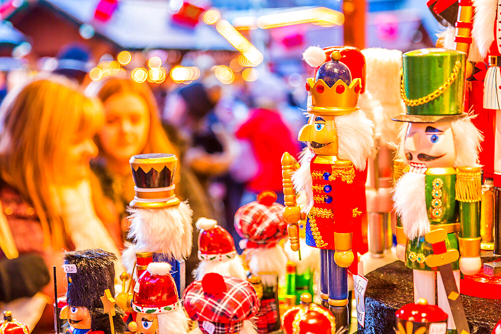 Wooden soldiers on Christmas Market stall at Christmas Market, Millennium Square, Leeds, Yorkshire, England, United Kingdom, Europe