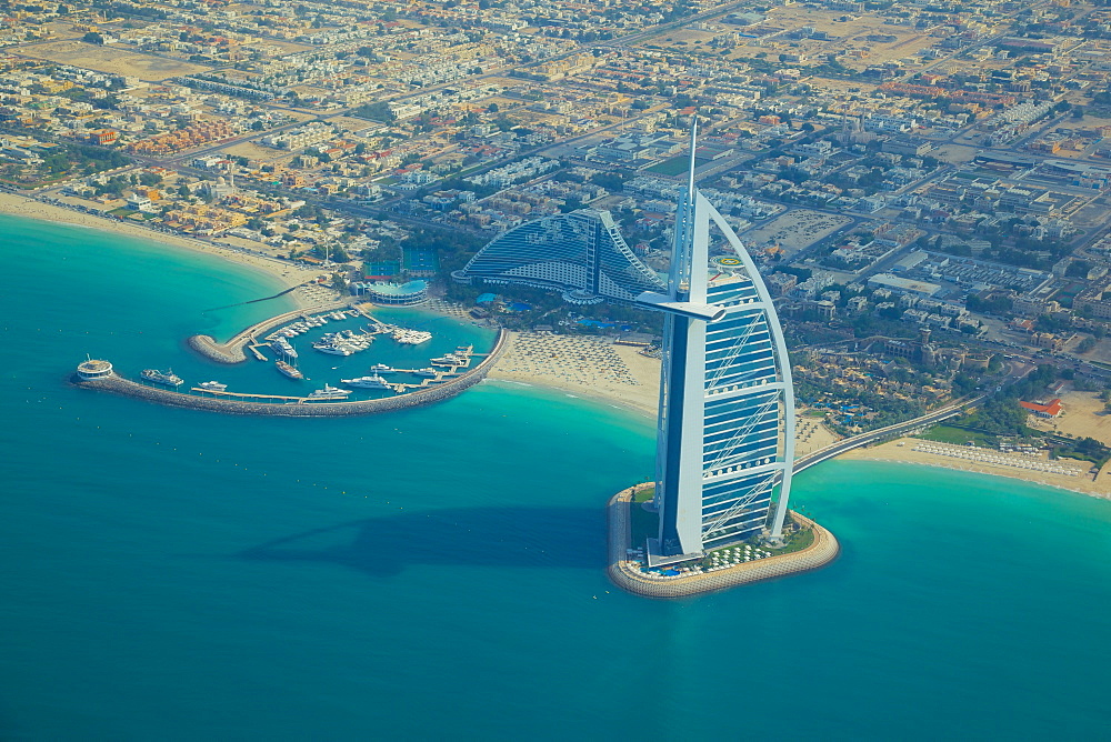 View of Burj Al Arab from seaplane, Dubai, United Arab Emirates, Middle East