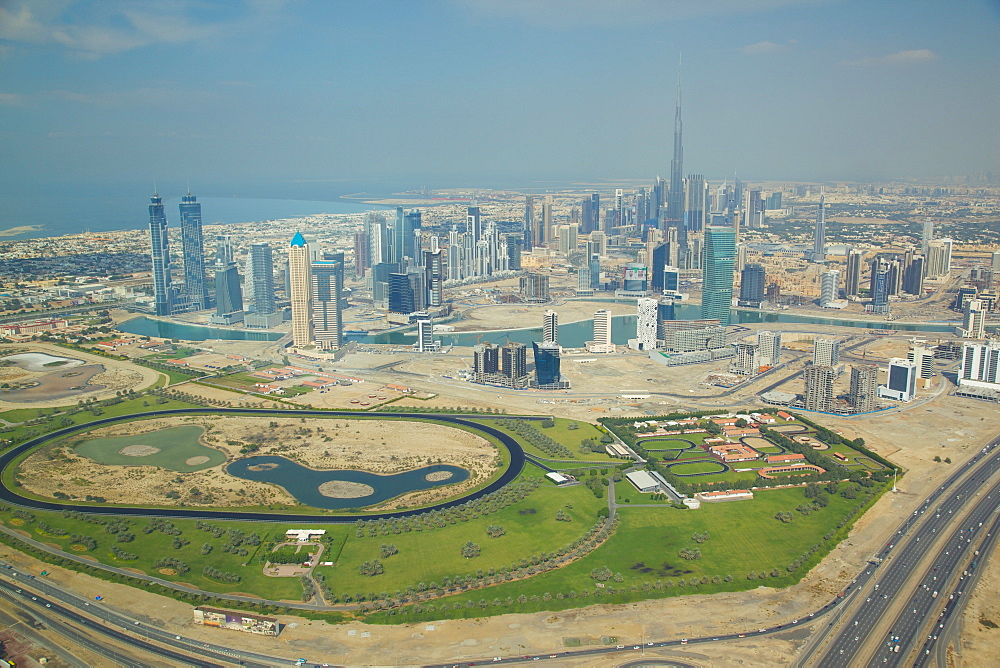 View of Burj Khalifa and city skyline from seaplane, Dubai, United Arab Emirates, Middle East