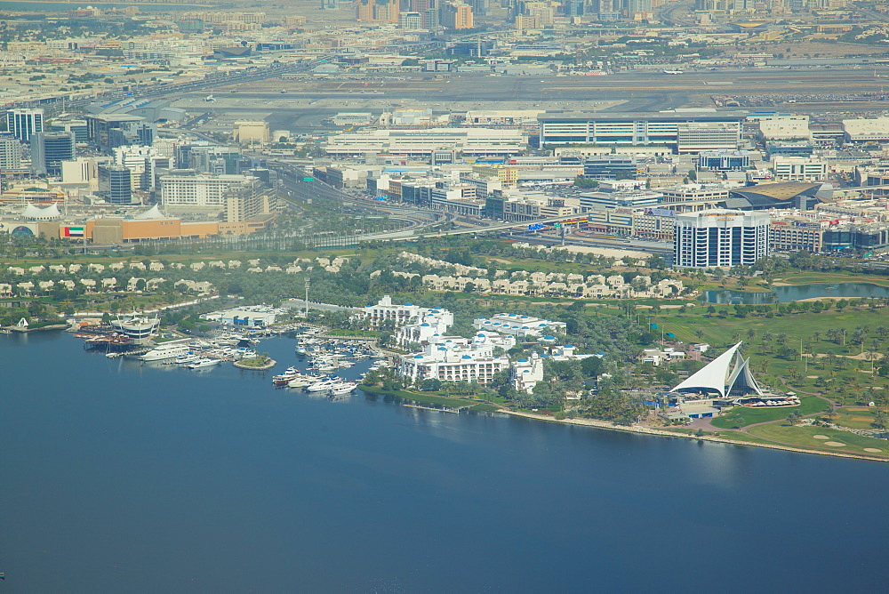 View of The Creek from seaplane, Dubai, United Arab Emirates, Middle East