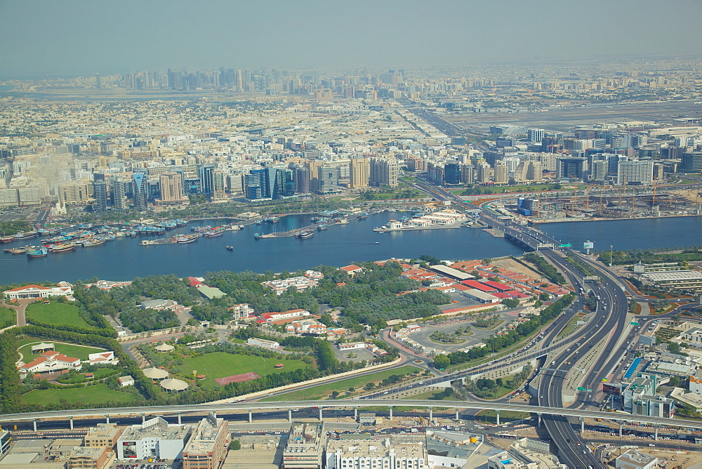 View of The Creek from seaplane. Dubai, United Arab Emirates, Middle East