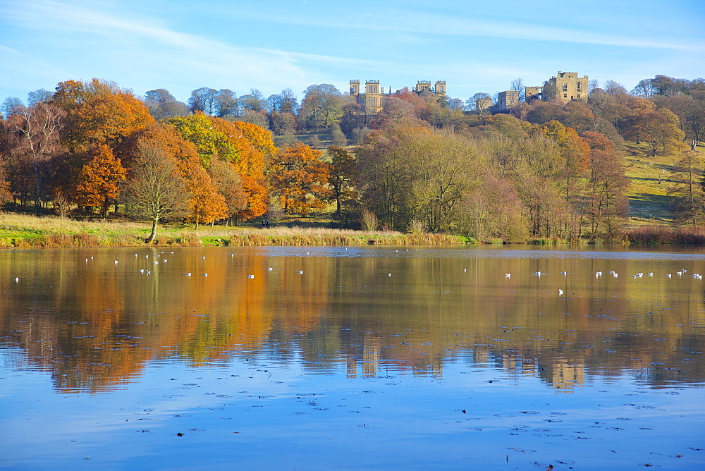 Hardwick Hall reflecting in pond, Hardwick Park, Derbyshire, England, United Kingdom, Europe