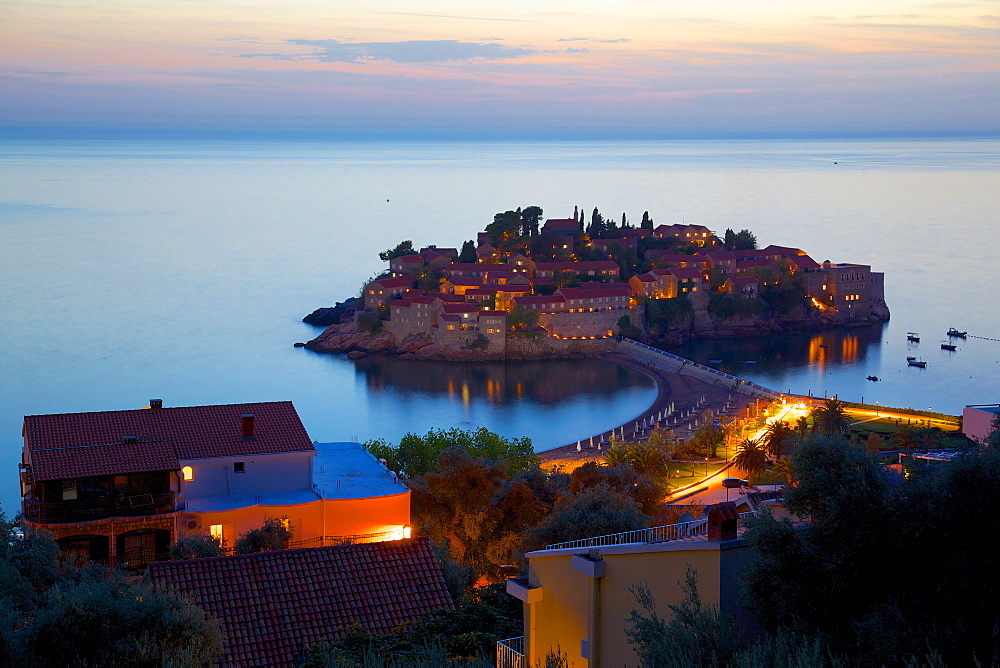 Sveti Stefan after sunset, Budva Bay, Budva Riviera, Montenegro, Europe 