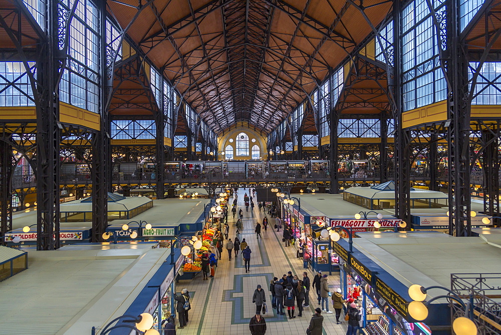 Elevated view of stalls in the interior of Budapest Central Market, Budapest, Hungary, Europe