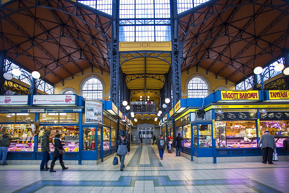 View of stalls in the interior of Budapest Central Market, Budapest, Hungary, Europe