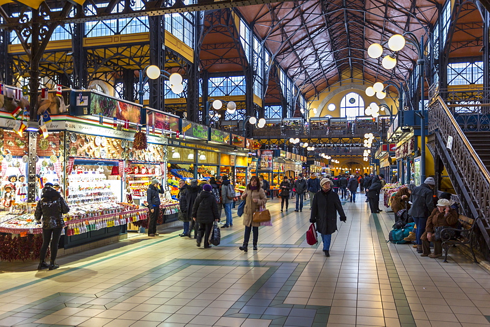 View of stalls in the interior of Budapest Central Market, Budapest, Hungary, Europe