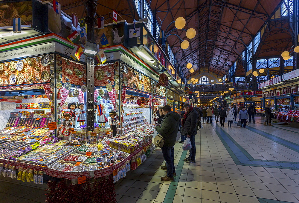 View of stalls in the interior of Budapest Central Market, Budapest, Hungary, Europe