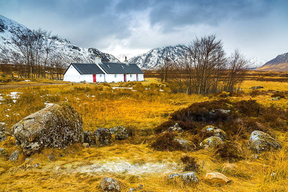 Winter storm and Blackrock Cottage, Glencoe, Highland Region, Scotland, United Kingdom, Europe