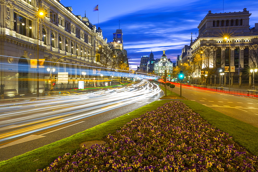 View of trail lights on Calle de Alcala at dusk, Madrid, Spain, Europe