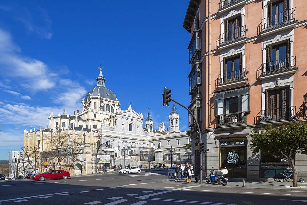 View of Madrid Cathedral on bright sunny morning, Madrid, Spain, Europe