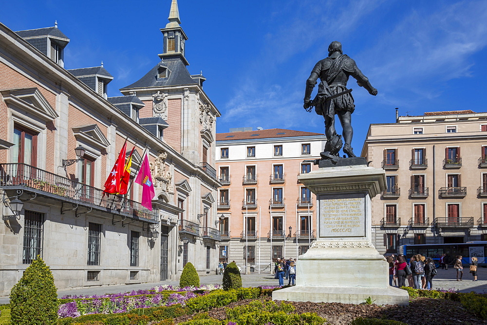 View of Casa de La Villa in Plaza de la Villa on bright sunny morning, Madrid, Spain, Europe