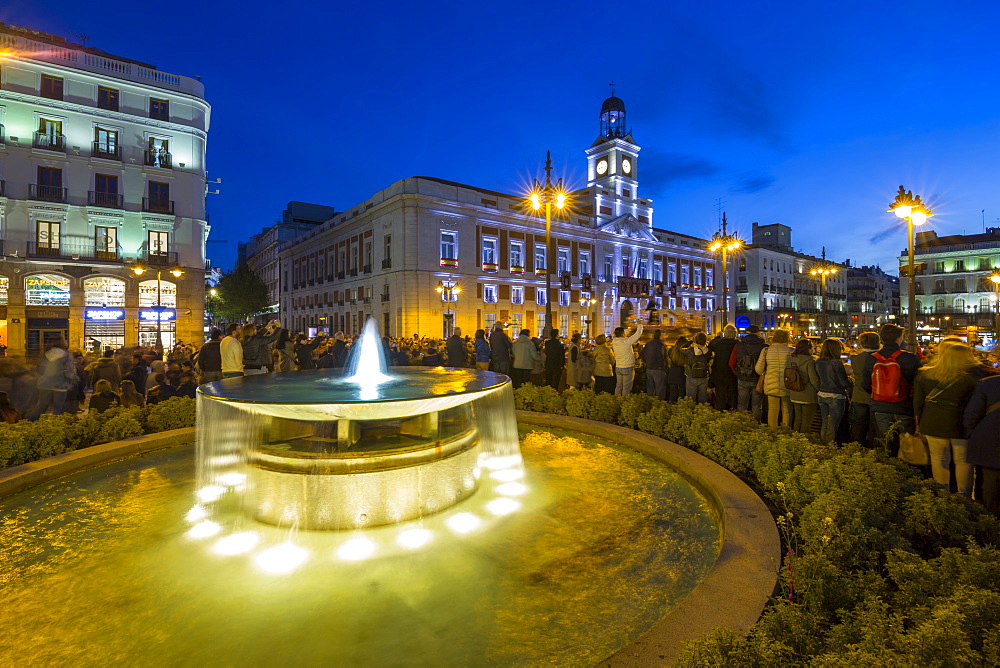 View of King Carlos lll statue and Easter Parade, Puerta del Sol at dusk, Madrid, Spain, Europe