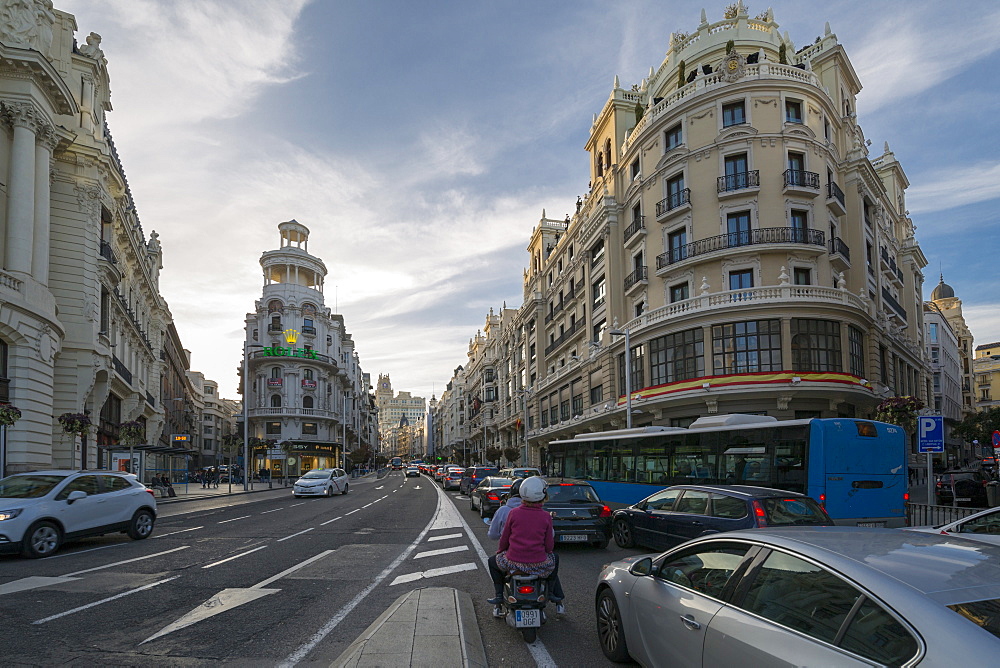 View of traffic on Gran Via at early evening, Madrid, Spain, Europe