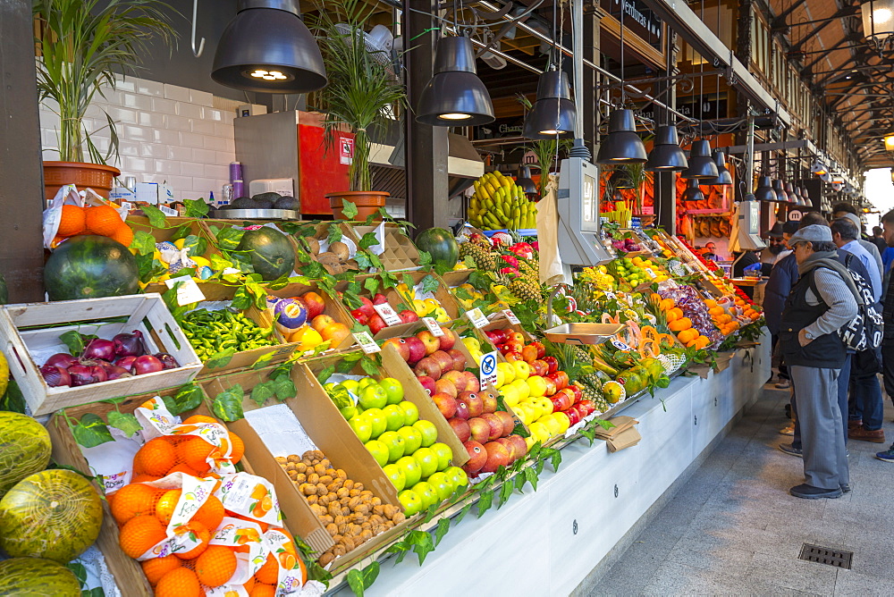 View of fruit stall inside San Miguel Market, Madrid, Spain, Europe