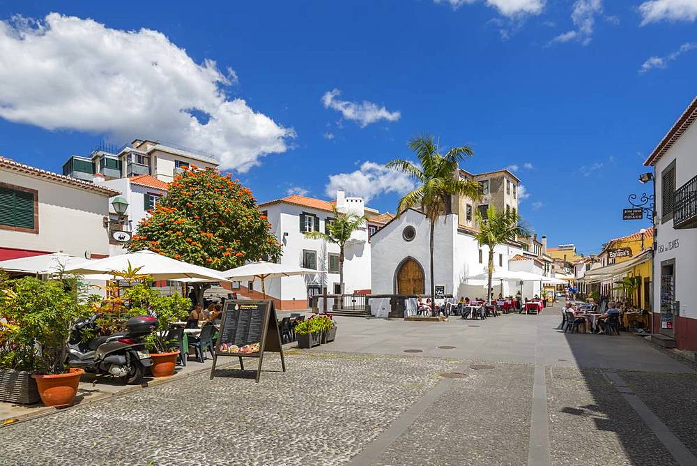 View of old town restaurants on sunny spring day, Funchal, Madeira, Portugal, Atlantic, Europe