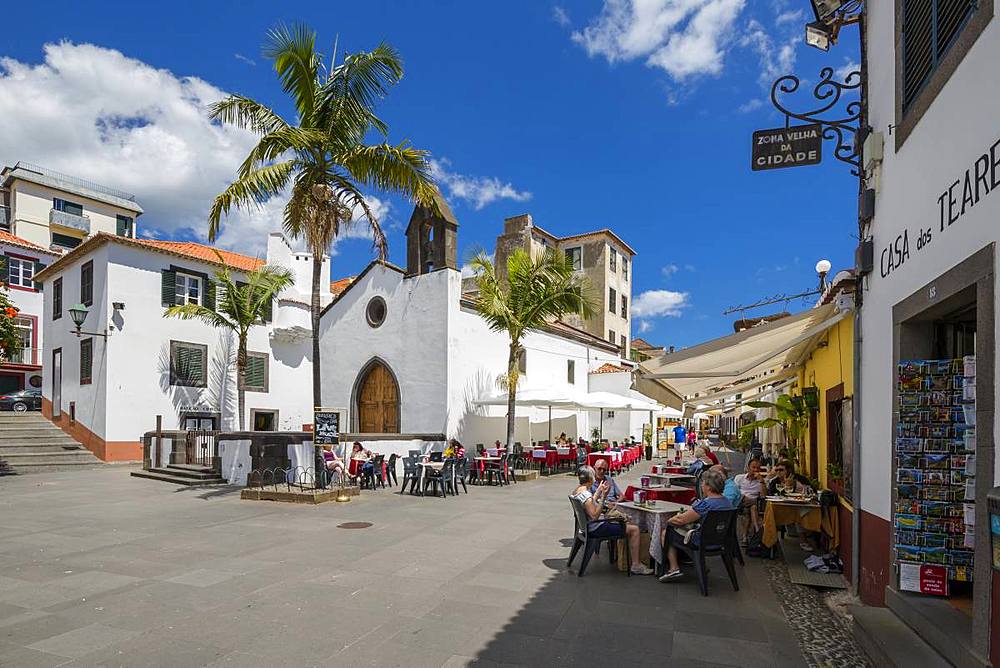 View of old town restaurants on sunny spring day, Funchal, Madeira, Portugal, Europe