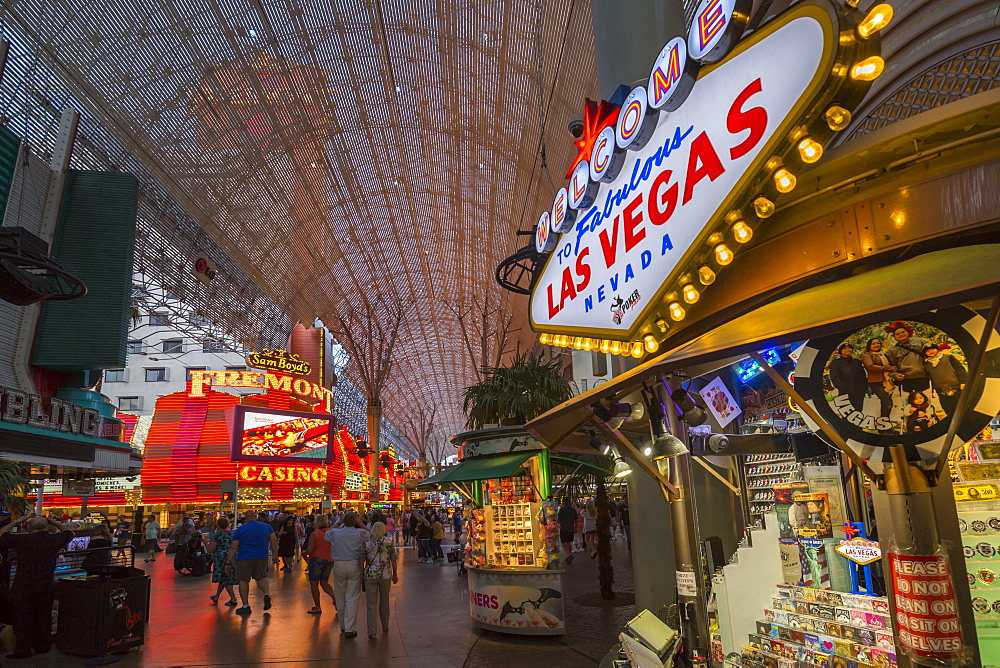 Neon lights on the Fremont Street Experience at dusk, Downtown, Las Vegas, Nevada, United States of America, North America