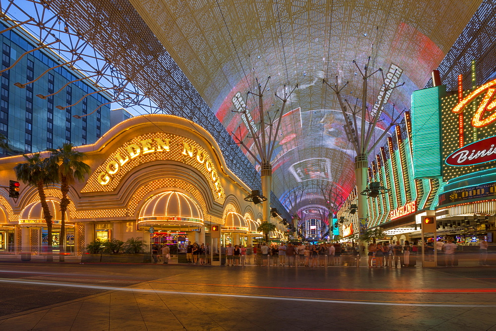 Golden Nugget Casino and neon lights on the Fremont Street Experience at dusk, Downtown, Las Vegas, Nevada, United States of America, North America