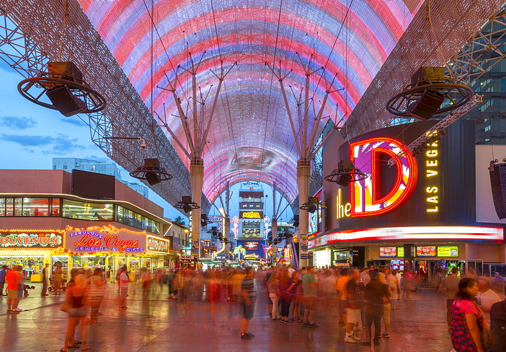 Neon lights on the Fremont Street Experience at dusk, Downtown, Las Vegas, Nevada, United States of America, North America