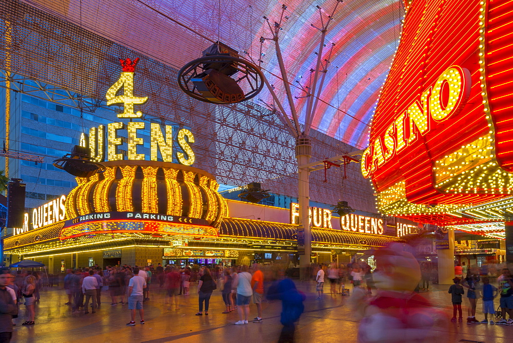 Neon lights on the Fremont Street Experience at dusk, Downtown, Las Vegas, Nevada, United States of America, North America