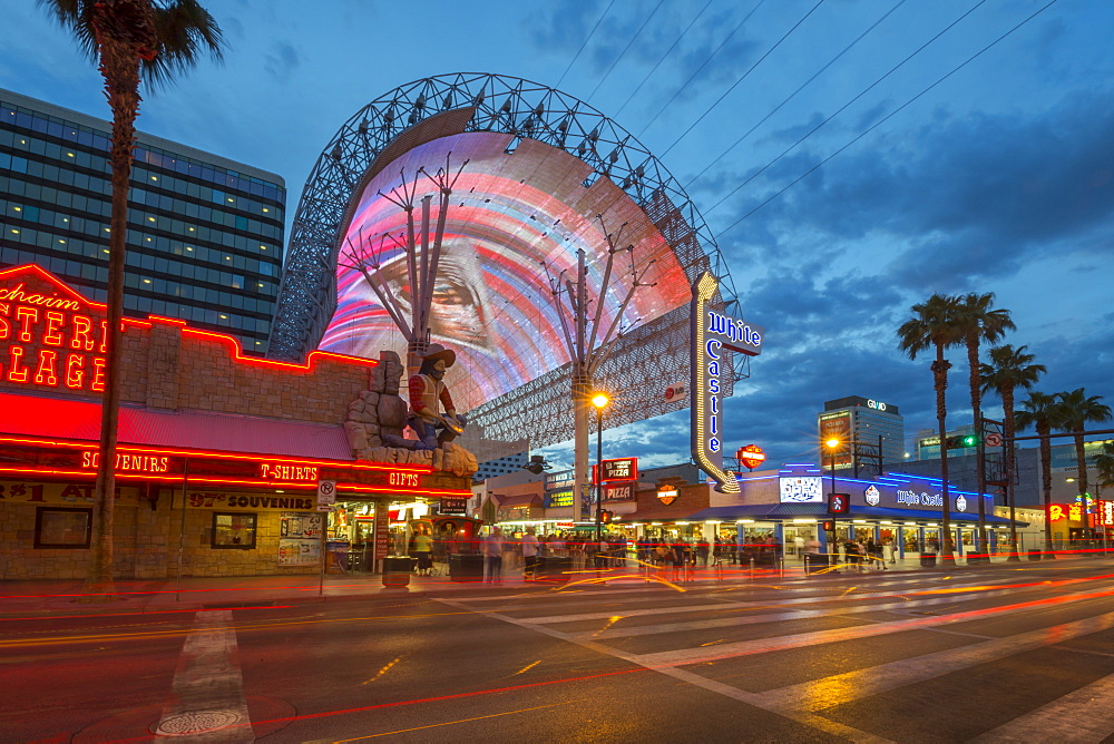 Neon lights on the Fremont Street Experience at dusk, Downtown, Las Vegas, Nevada, United States of America, North America