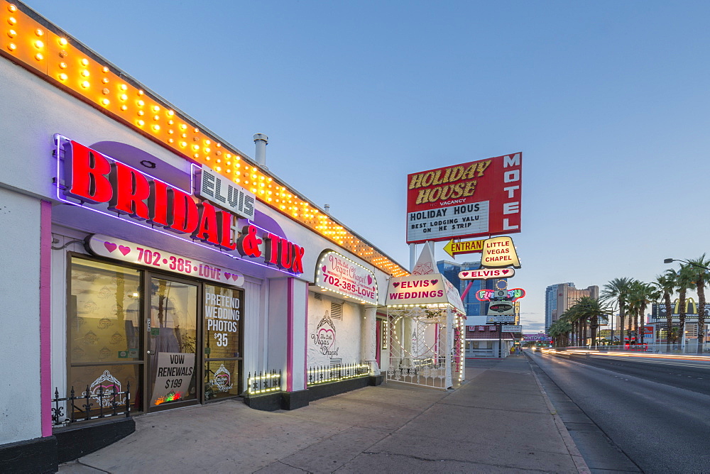 View of Little Vegas Chapel at dusk, The Strip, Las Vegas Boulevard, Las Vegas, Nevada, United States of America, North America