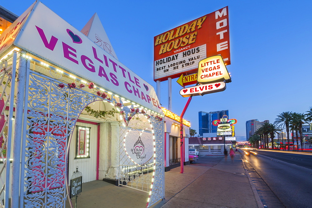 View of Little Vegas Chapel at dusk, The Strip, Las Vegas Boulevard, Las Vegas, Nevada, United States of America, North America