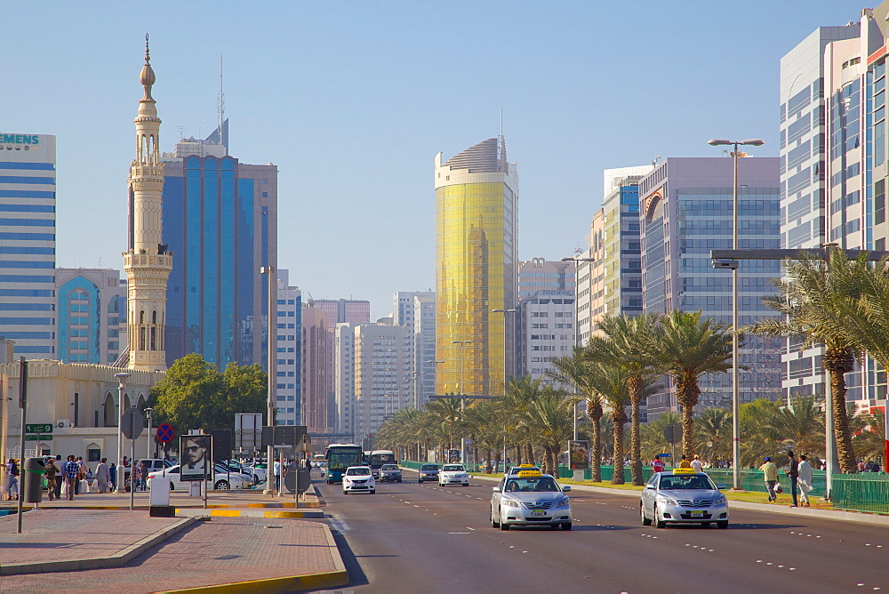 Architecture and traffic on Fourth Street, Abu Dhabi, United Arab Emirates, Middle East