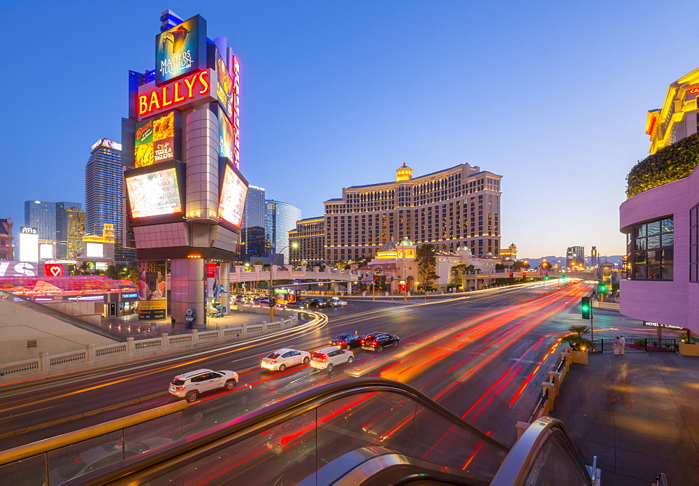 View of traffic and trail lights on The Strip, Las Vegas Boulevard, Las Vegas, Nevada, United States of America, North America