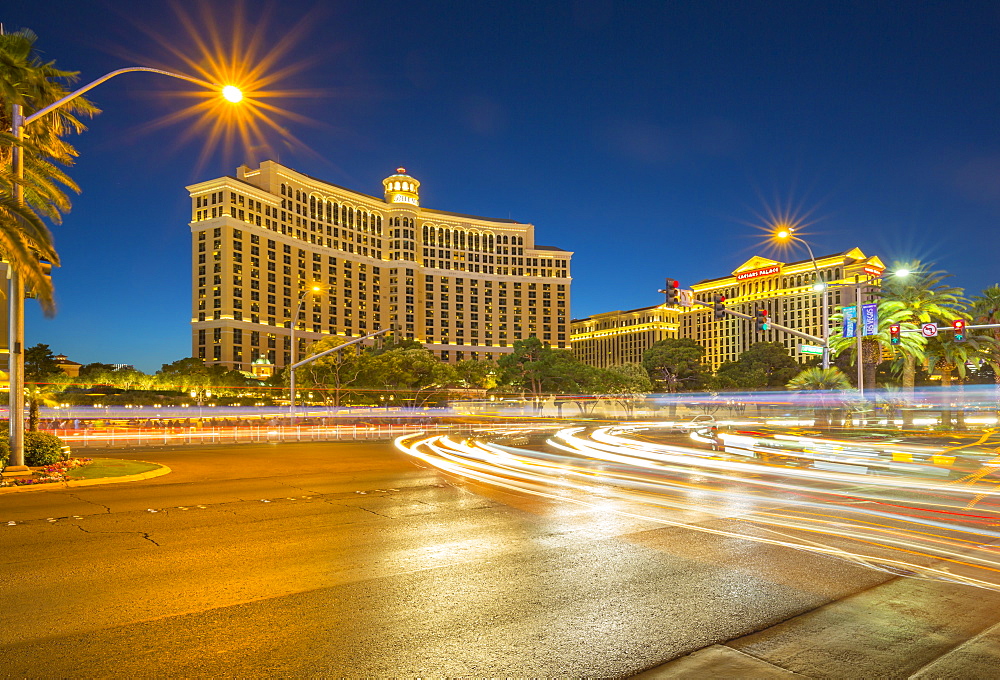 View of Bellagio Hotel and Casino on The Strip, Las Vegas Boulevard at dusk, Las Vegas, Nevada, United States of America, North America