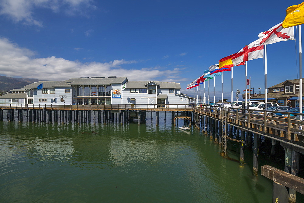 View of flags on Stearns Wharf, Santa Barbara, Santa Barbara County, California, United States of America, North America