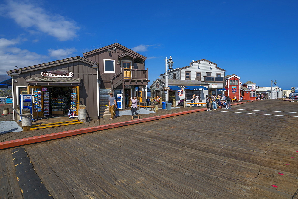 View of shops on Stearns Wharf, Santa Barbara, Santa Barbara County, California, United States of America, North America