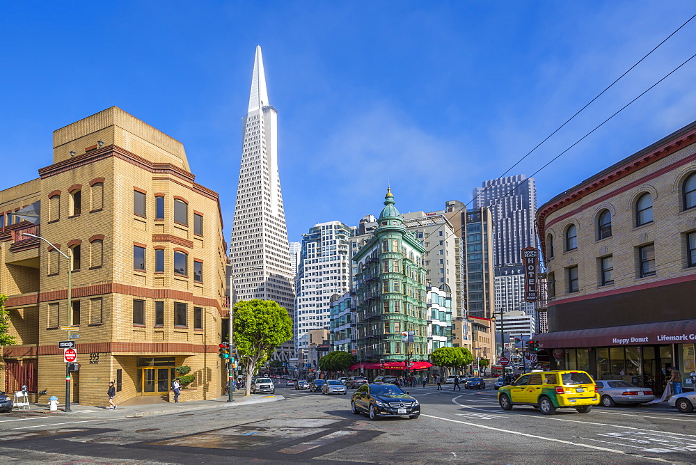 View of Transamerica Pyramid building on Columbus Avenue, Downtown, San Francisco, California, United States of America, North America