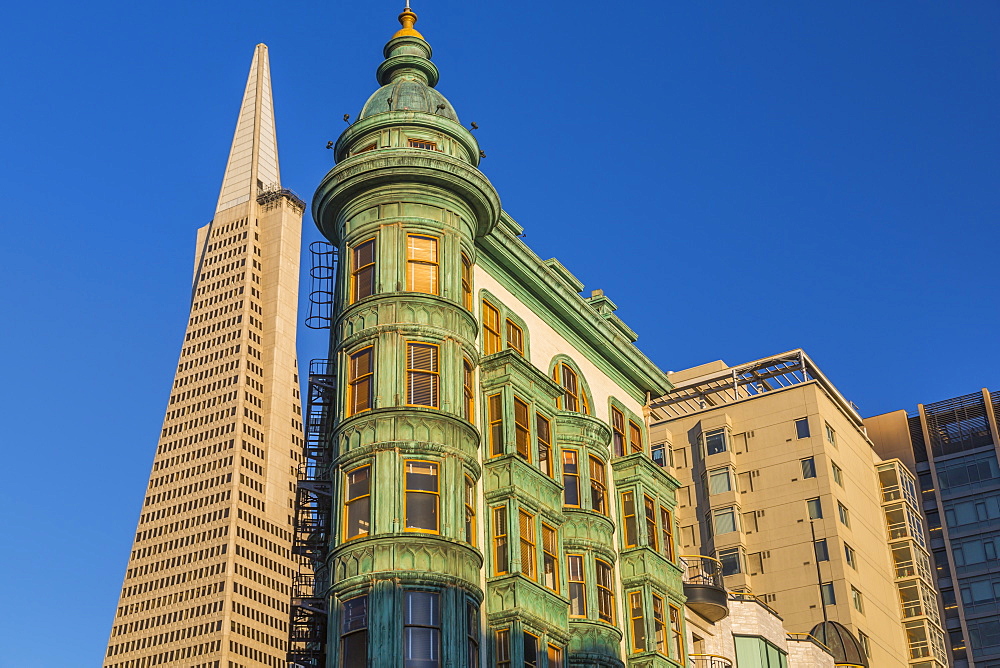 View of Transamerica Pyramid building and Columbus Tower on Columbus Avenue, North Beach, San Francisco, California, United States of America, North America