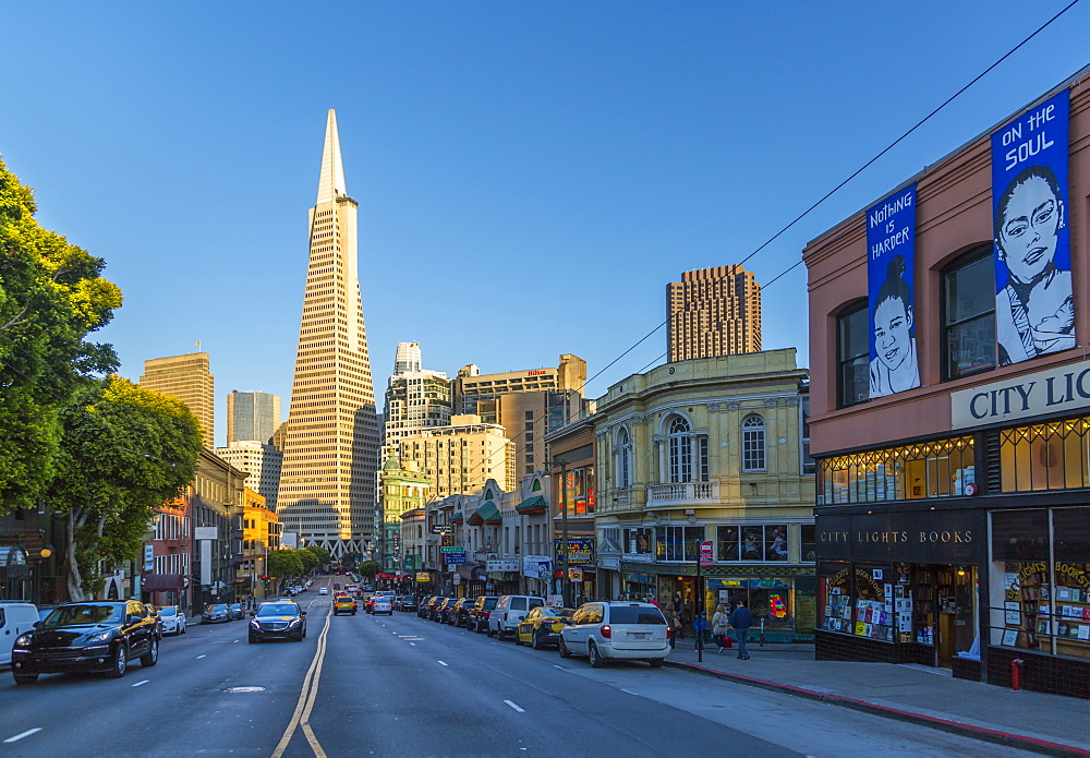 View of Transamerica Pyramid building on Columbus Avenue, North Beach, San Francisco, California, United States of America, North America