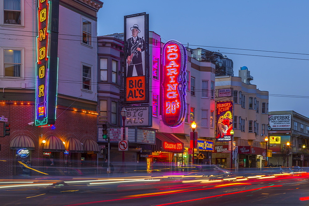 Club signs on buildings in North Beach district, San Francisco, California, United States of America, North America