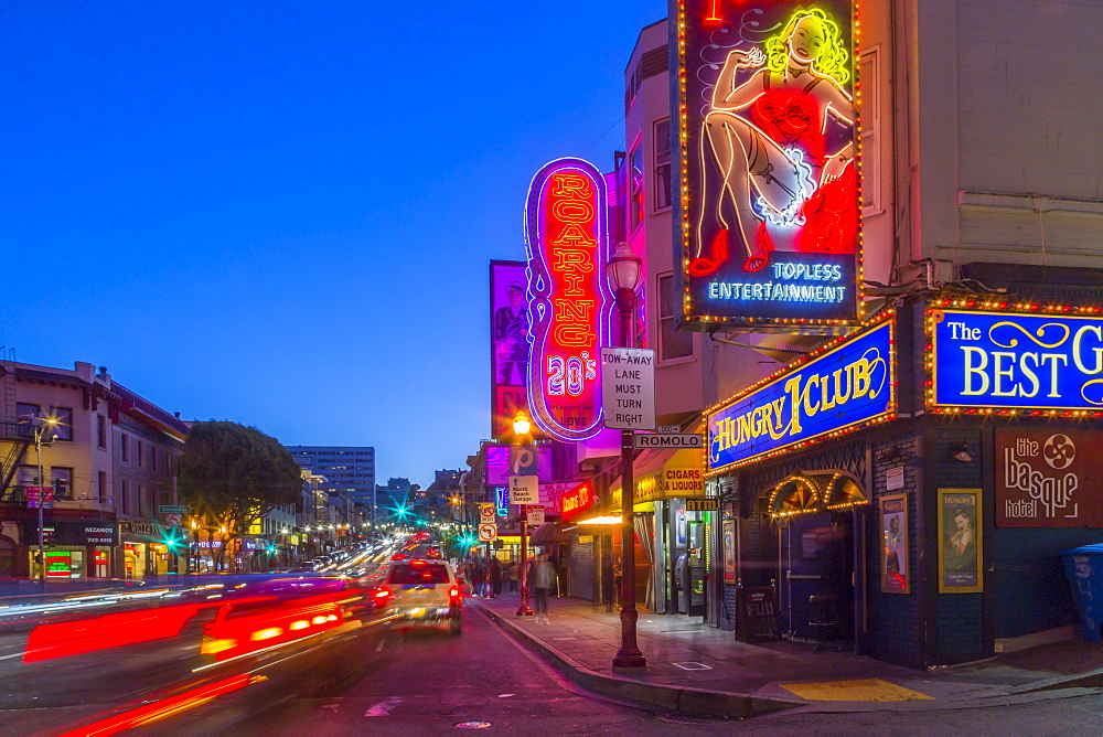 Club signs on buildings in North Beach district, San Francisco, California, United States of America, North America