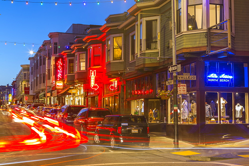 Club signs and shops in North Beach district, San Francisco, California, United States of America, North America